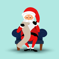 Wall Mural - Cartoon Santa Claus sitting on a chair and read a long letter. Vector illustration