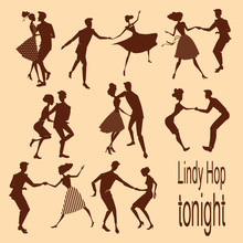 Set Of Illustrations Silhouettes Dancing Lindy Hop Couples In Retro Styles