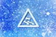 Winter snow slide warning symbol, snow automotive grahic slide background, driving winter background