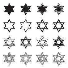Six-pointed Star Icons. Collection Of 16 Hexagram Symbols Isolated On A White Background. Star Of David Icons. Vector Illustration
