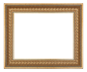 Empty golden vintage frame isolated on white background