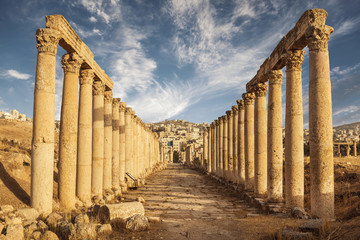 Columns of the cardo maximus, Ancient Roman city of Gerasa of Antiquity , modern Jerash, Jordan