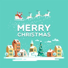  Santa Claus with deers in sky above the town. Christmas city. Vector illustration.