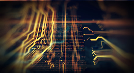 Fototapete - Technology background/Technology background of the abstract computer motherboard, can be used in the description of technological processes, science. Can be used as digital dynamic wallpaper.
