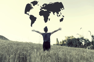 young woman open arms at wheat field relaxing girl with world