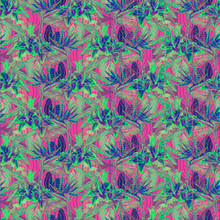 Seamless Tropical Pattern. Hand Painted Watercolor Exotic Plants: Flowers Of Strelitzia And Bromelia, Pink Lilies, Calathea Leafs On Tribal Geometric Background, Inverted Effect. Textile Design.