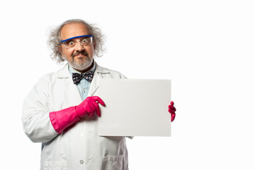 scientist holding a blank sign