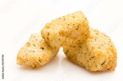 Fotografía Salad Croutons in a stack on a white background.