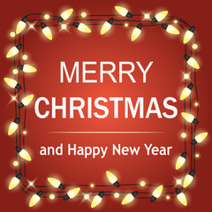 Aufkleber - Glowing White Christmas Lights Wreath for Xmas Holiday Greeting Cards Design. Wooden Hand Drawn Background.