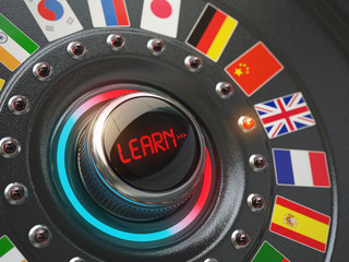 Poster - Online learning language concept. Switch knob button with flags.