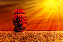Sailing Ship On The Sea At Sunset Skyline.