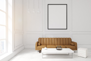 Living room with poster, brown sofa and a coffee table