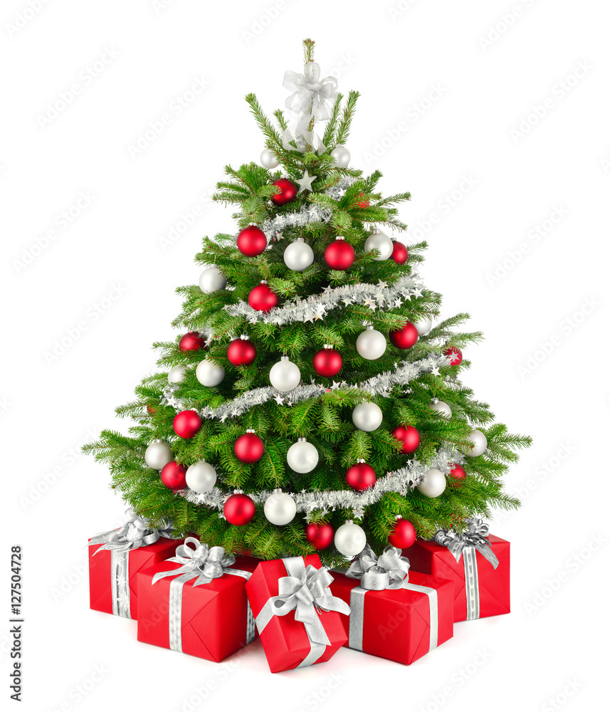 Eleganter Weihnachtsbaum und Geschenke in Rot, Weiß und Silber, Freisteller Stock Photo