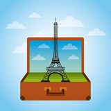 Fototapeta Boho - brown suitcase with iconic momument of paris. over sky background. vector illustration