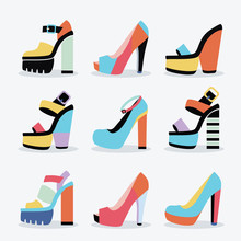 Retro Colorful And Trendy Women Isolated Platform High Heel Shoes Set On White Background