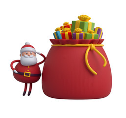 3d render, digital illustration, Santa Claus cartoon character, gift boxes, bag, Christmas toy isolated on white background