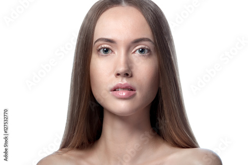 Beautiful Woman With Very Long Hair And Serene Face Front