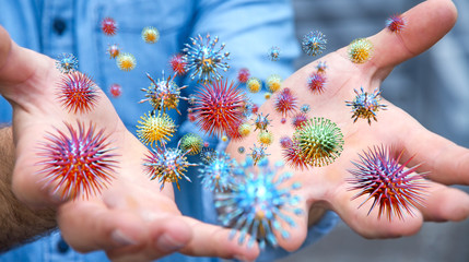 Poster - Close up on a sick man hand transmitting virus 3D rendering