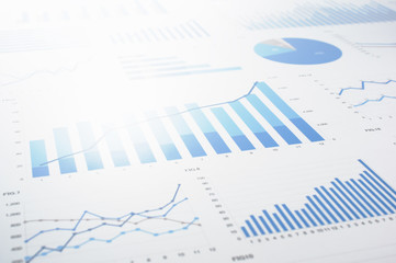 Poster - Many charts and graphs. Reflection light and flare.　Concept image of data gathering and statistical working.
