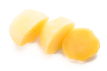 Wall Mural - Boiled sliced potatoes isolated on white background.