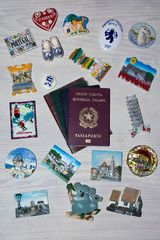 Wall Mural -  collection of various passports and souvenir magnets from several world country , Flat lay