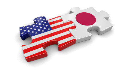 Poster - USA and Japan puzzle from flags. Image with clipping path