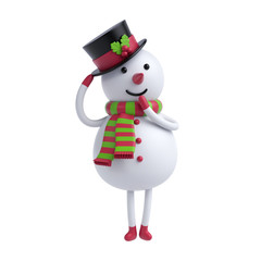 Wall Mural - 3d shy snowman holding hat, cartoon character, Christmas toy, holiday clip art isolated on white background