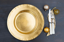 Christmas Empty Golden Plate With Knife And Fork, Top View