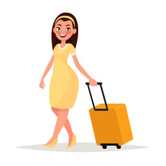 pretty girl with luggage in the airport. vector illustration in