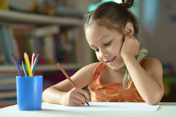 Poster - Little girl drawing at home