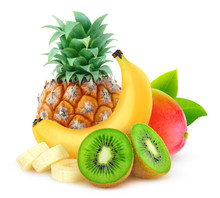 Isolated Tropical Fruits. Pineapple, Banana, Kiwi And Mango Isolated On White Background With Clipping Path