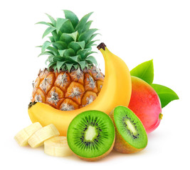 Leinwandbilder - Isolated tropical fruits. Pineapple, banana, kiwi and mango isolated on white background with clipping path