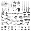 set of Fishing labels design elements. Rods and  fish icons. Design elements for logo, label, emblem, sign, badge. Vector illustration.