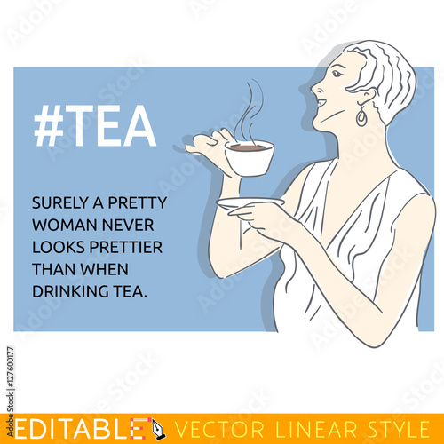 Retro Woman With Cup Of Tea Meme Card Editable Outline Sketch Stock Vector Illustration Stock Vector Adobe Stock