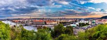 Prague City Panorama At Sunset, High Resolution Image, Czech Republic.