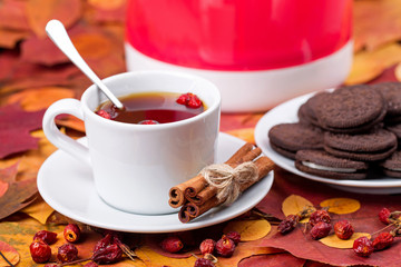 Wall Mural - tea with chocolate cookies on a background of autumn leaves
