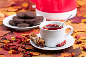 Wall Mural - tea with chocolate cookies on a background of autumn leaves