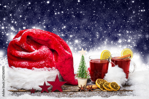 Foto-Schiebevorhang einzelne Stoffpaneele - Weihnachtsmütze und Glühwein, Weihnachtsdekoration (von fotoknips)