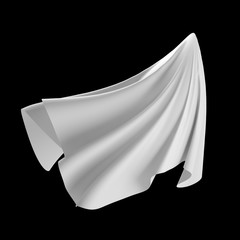 3d abstract white cloth, flying fabric, dynamic textile object isolated on black background