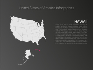 Canvas Print - United States of America, aka USA or US, map infographics template. 3D perspective dark theme with pink highlighted Hawaii, state name and text area on the left side.