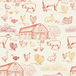 Farm animals seamless pattern, cows, geese, chickens, pigs