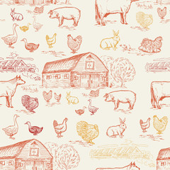 Wall Mural - Farm animals seamless pattern, cows, geese, chickens, pigs