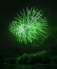 Beautiful Green Fireworks At Night On The River In Moscow