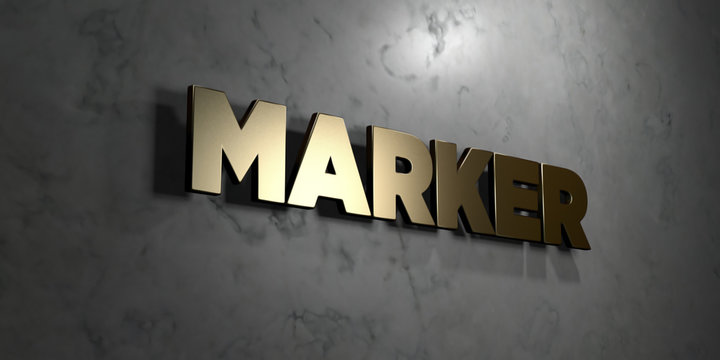 Marker - Gold sign mounted on glossy marble wall  - 3D rendered royalty free stock illustration. This image can be used for an online website banner ad or a print postcard.