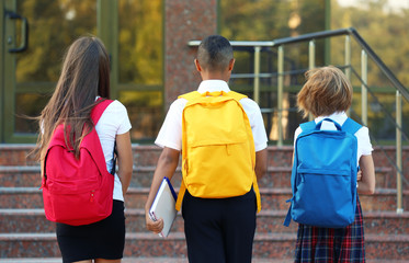 Teenagers with colourful backpacks on school entrance background