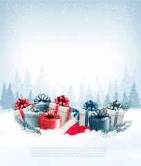 Holiday Christmas background with a gift boxes and Santa hat. Ve