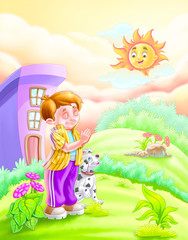 Wall Mural - Boy and dog praying in morning