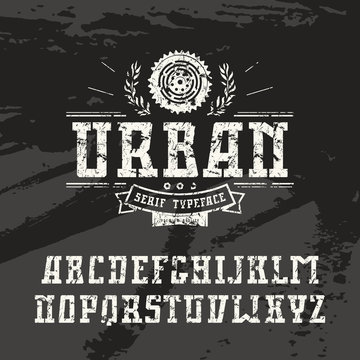 Rectangular serif font in urban style with shabby texture