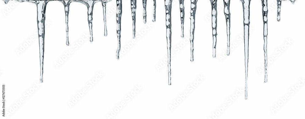 Close up of icicles isolated on white background - obrazy, fototapety, plakaty 