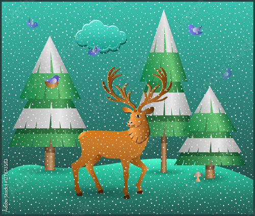 Download Winter scene. Deer in a snowy forest. Cartoon style. Vector illustration. Stock Vector | Adobe Stock